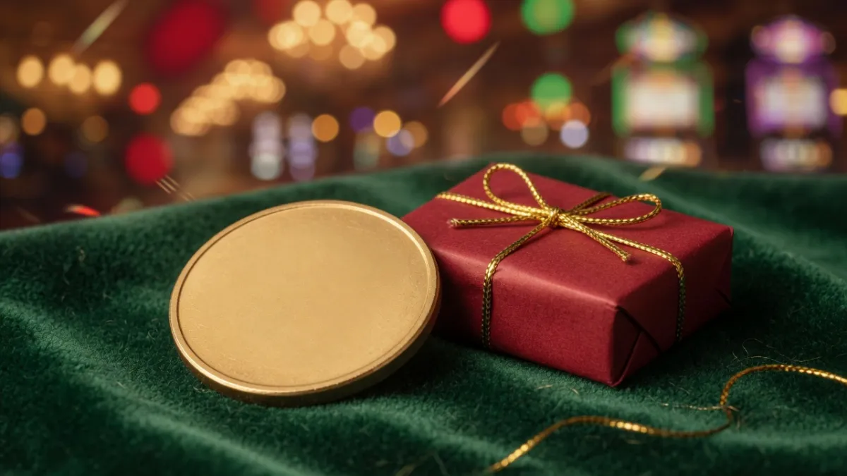 Geschenkbox mit Schleife und Casino-Chips auf dem Tisch