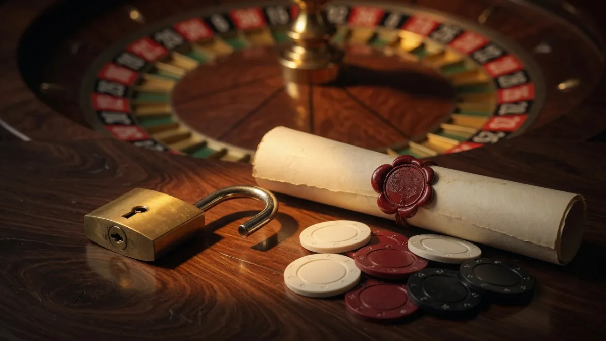 Goldene Waage der Gerechtigkeit, offenes Vorhängeschloss und Casino-Chips auf einem Spieltisch